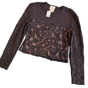 Joseph Ribkoff lace illusion black sheer mesh long sleeve cropped blouse Size 10